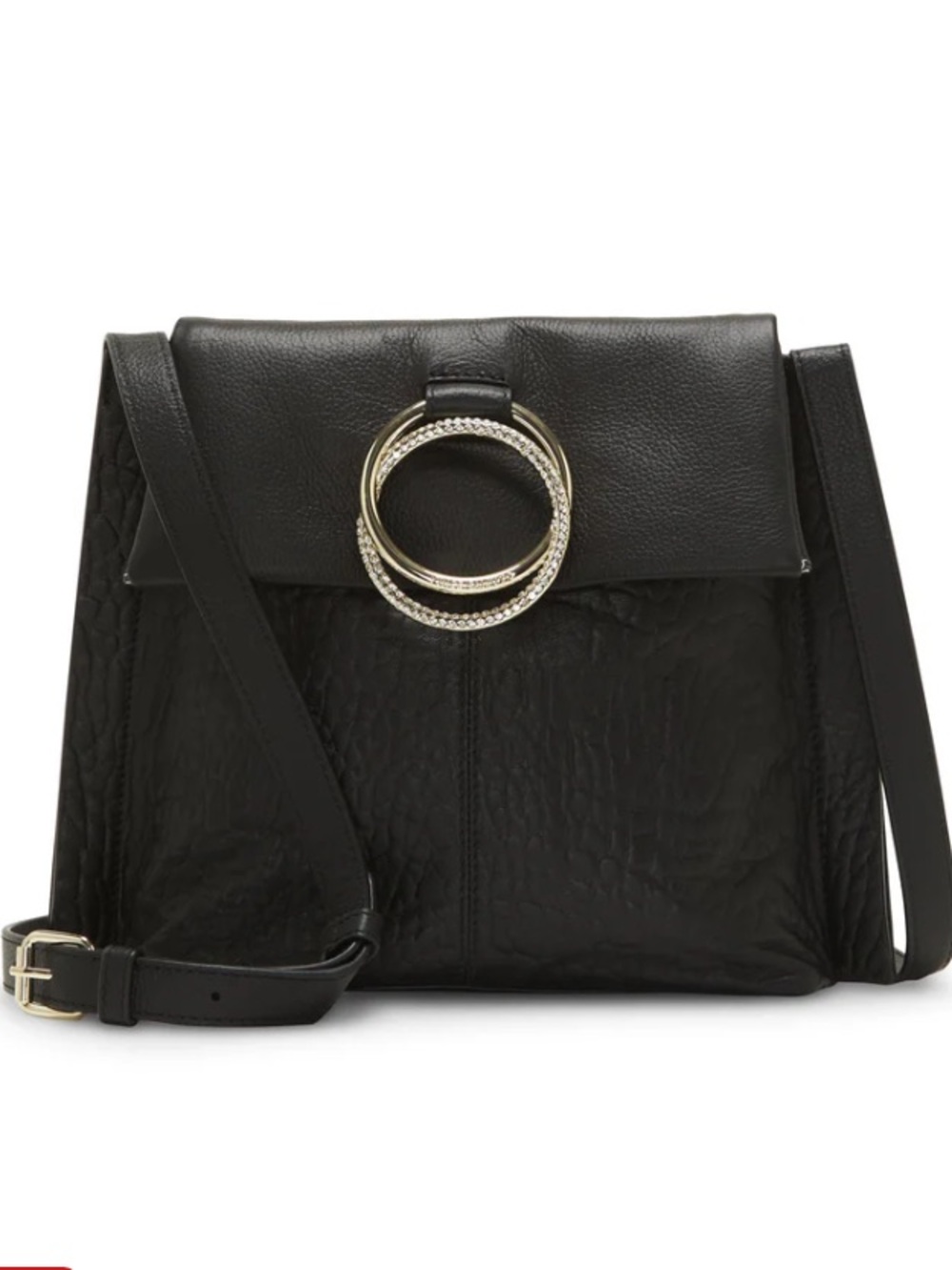 Vince Camuto Livy Large Crossbody Black Leather Bag with Silver Ring Accent
